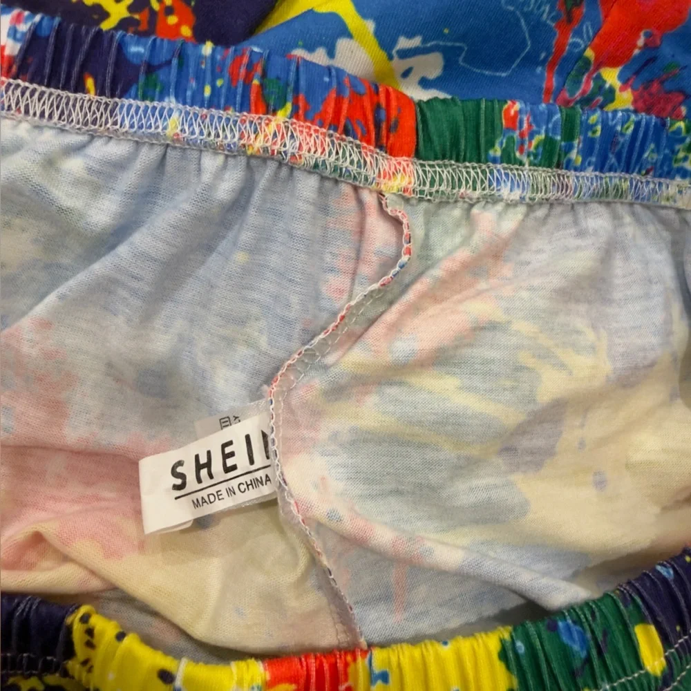 Rainbow Paint Splatter Effect Loose Fit Athletic Shorts w White Piping_9